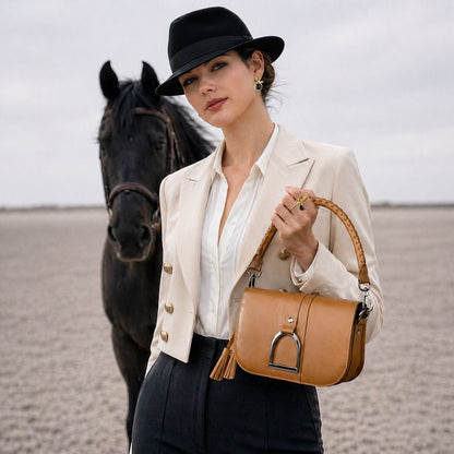 Urban Equestrian  Signature Stirrup - Riding Stirrup Crossbody Luxury Leather Handbag in Caramel