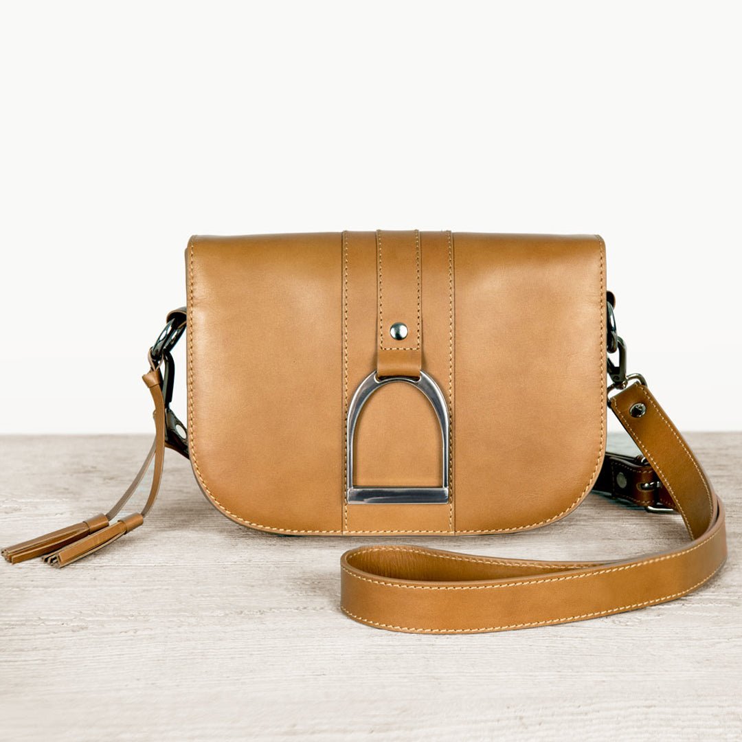 Urban Equestrian  Signature Stirrup - Riding Stirrup Crossbody Luxury Leather Handbag in Caramel