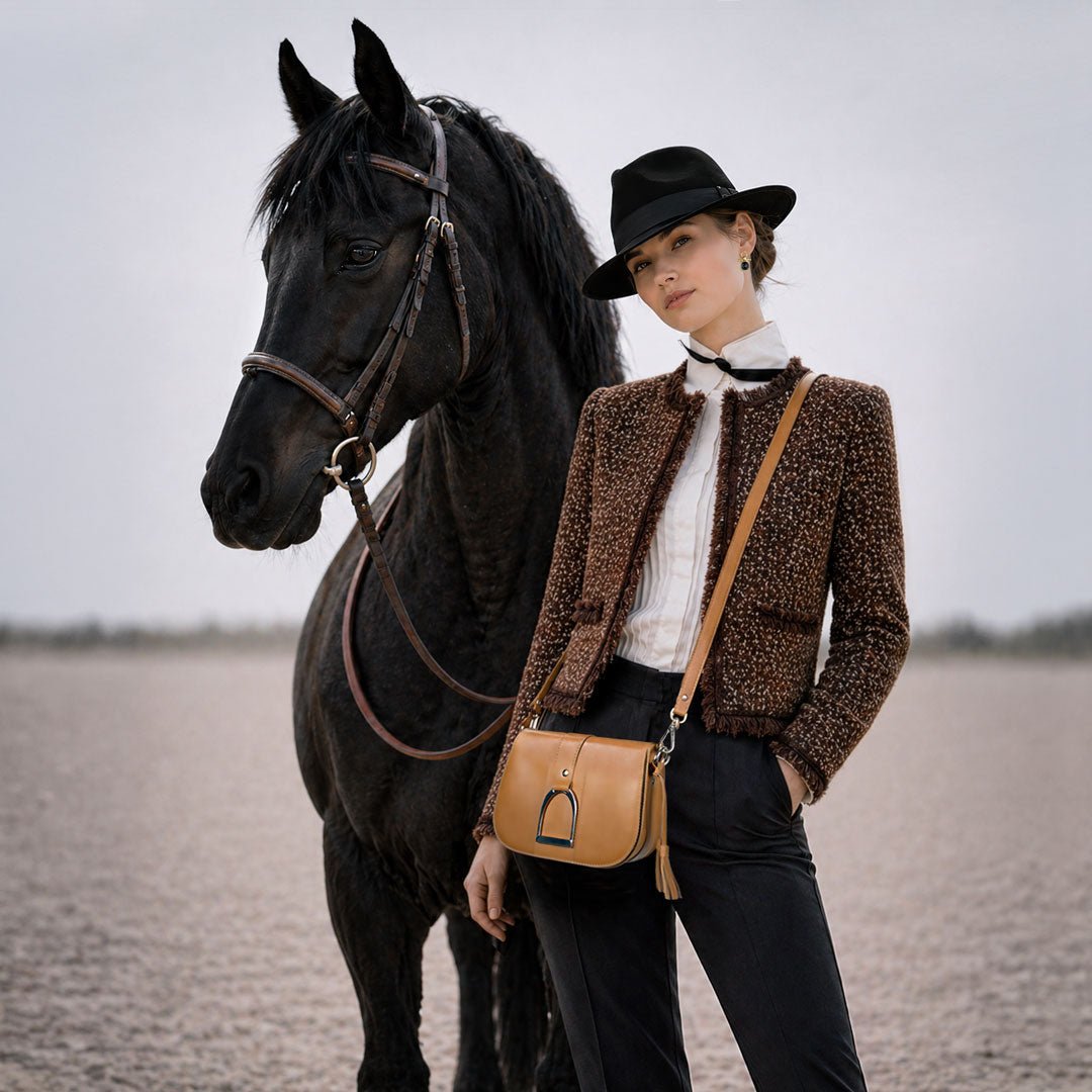Urban Equestrian  Signature Stirrup - Riding Stirrup Crossbody Luxury Leather Handbag in Caramel