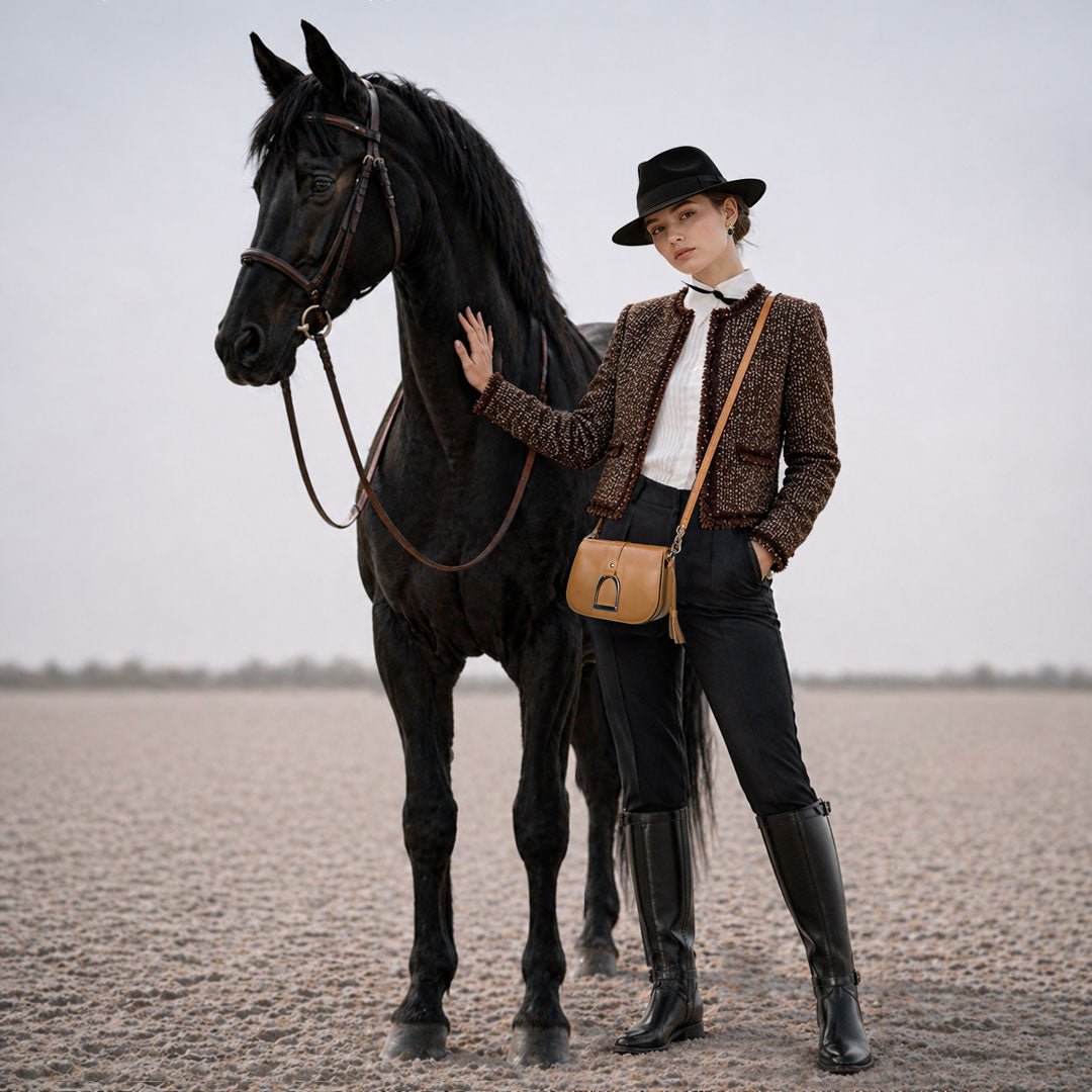 Urban Equestrian  Signature Stirrup - Riding Stirrup Crossbody Luxury Leather Handbag in Caramel