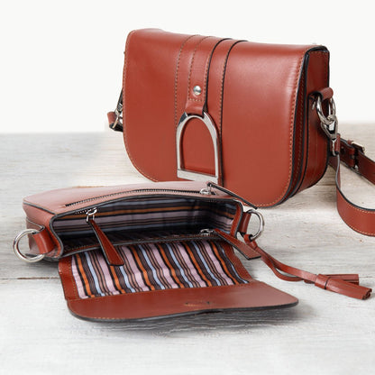 Urban Equestrian  Signature Stirrup - Riding Stirrup Crossbody Luxury Leather Handbag in Cognac