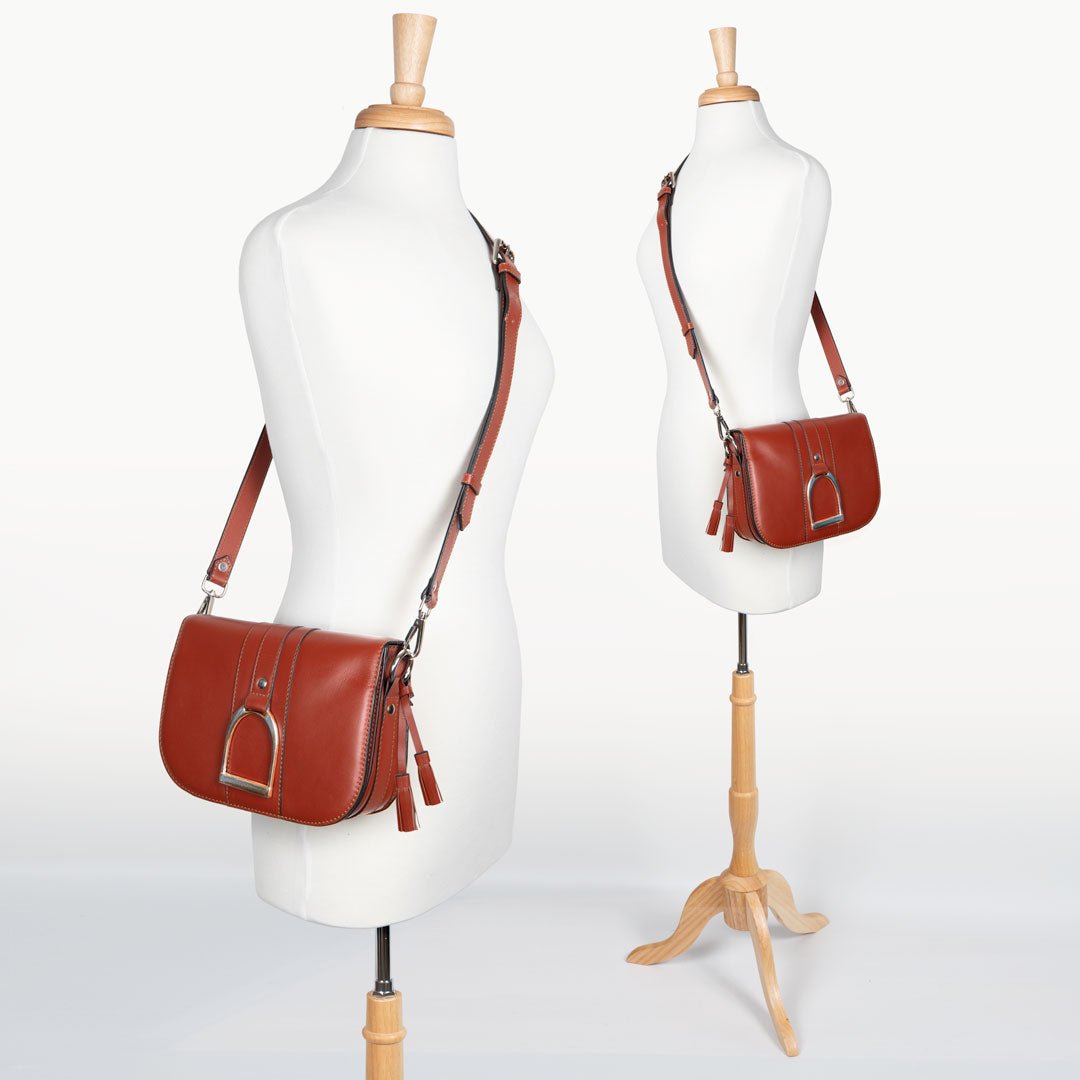 Urban Equestrian  Signature Stirrup - Riding Stirrup Crossbody Luxury Leather Handbag in Cognac
