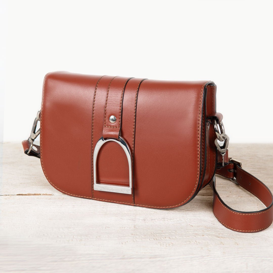 Urban Equestrian  Signature Stirrup - Riding Stirrup Crossbody Luxury Leather Handbag in Cognac