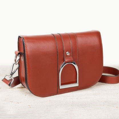 Urban Equestrian  Signature Stirrup - Riding Stirrup Crossbody Luxury Leather Handbag in Cognac
