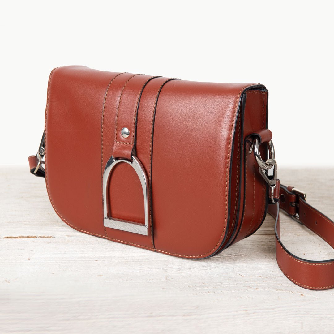 Urban Equestrian  Signature Stirrup - Riding Stirrup Crossbody Luxury Leather Handbag in Cognac