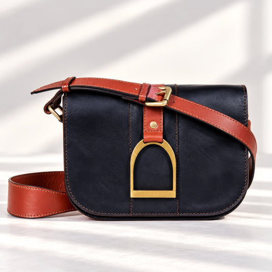 Urban Equestrian  Signature Stirrup - Riding Stirrup Crossbody Luxury Leather Handbag in Cognac on Black