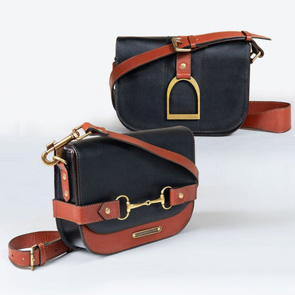 Urban Equestrian  Signature Stirrup - Riding Stirrup Crossbody Luxury Leather Handbag in Cognac on Black