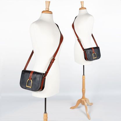 Urban Equestrian  Signature Stirrup - Riding Stirrup Crossbody Luxury Leather Handbag in Cognac on Black