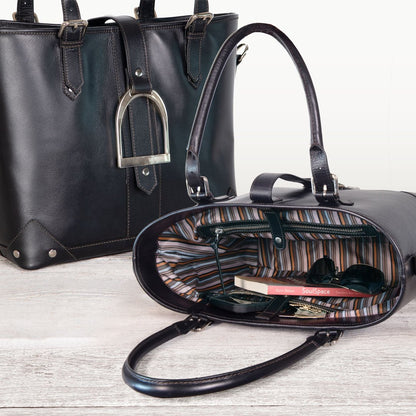 Urban Equestrian  Signature - Riding Stirrup Tote Luxury Leather Handbag in Black