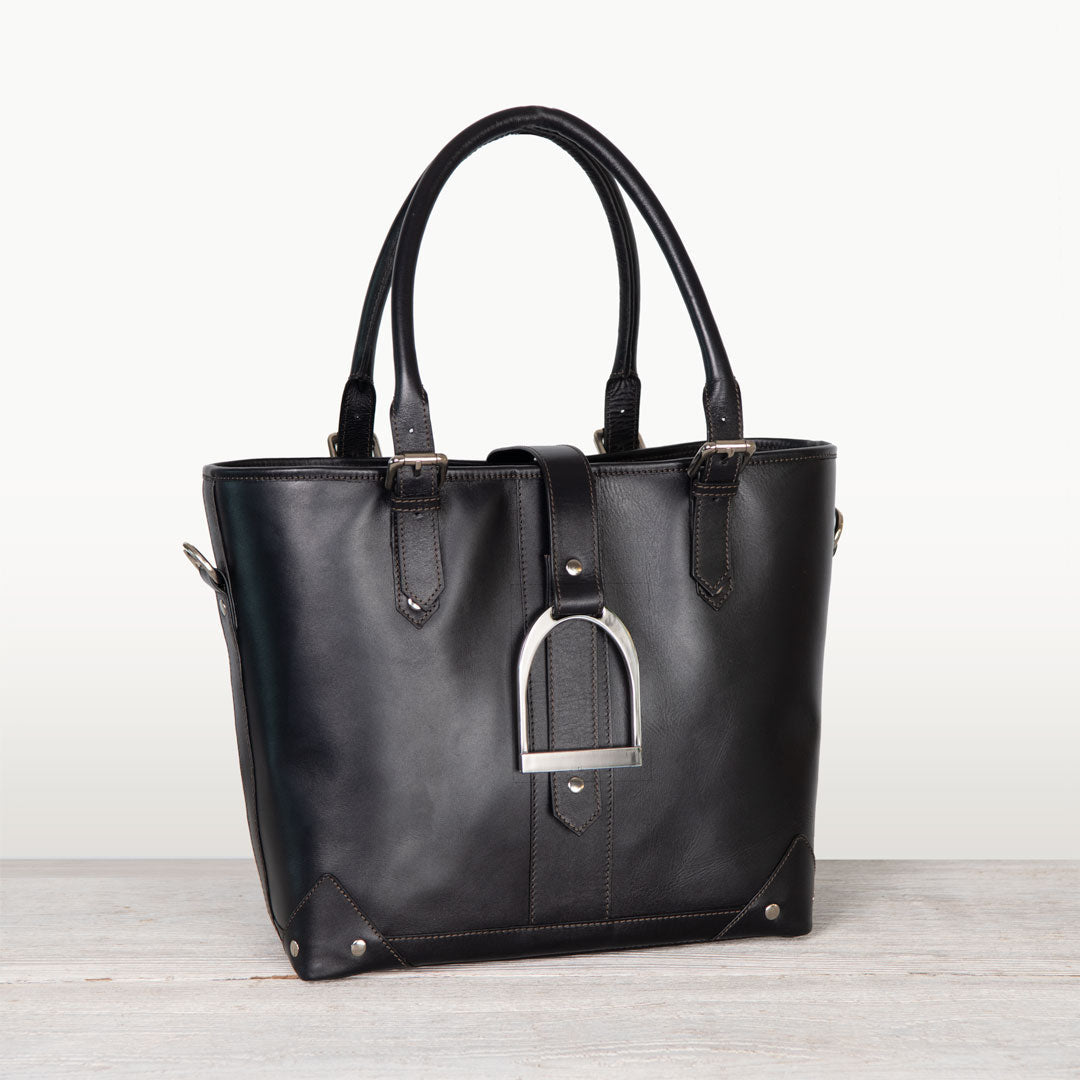 Urban Equestrian  Signature - Riding Stirrup Tote Luxury Leather Handbag in Black