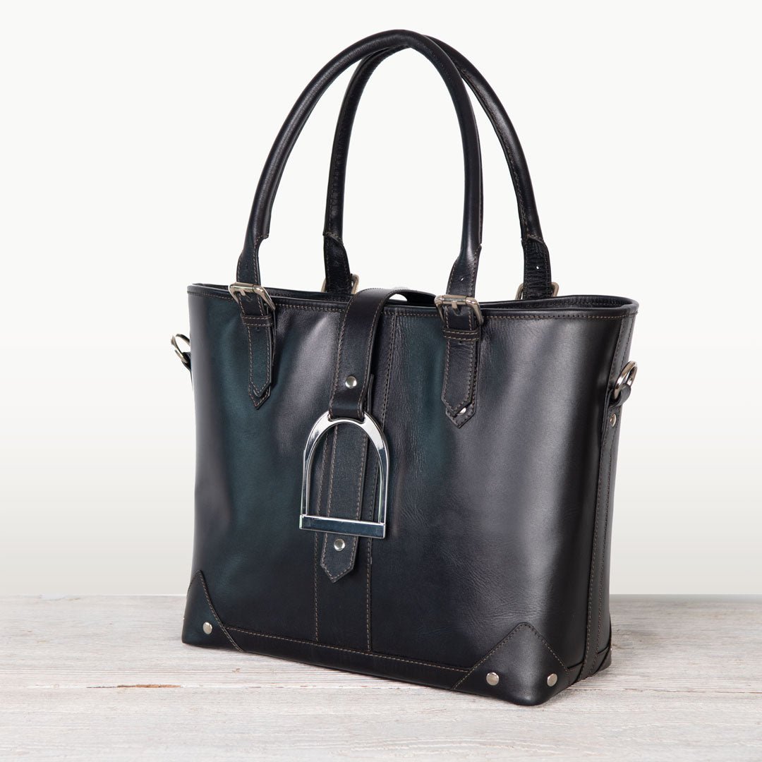 Urban Equestrian  Signature - Riding Stirrup Tote Luxury Leather Handbag in Black