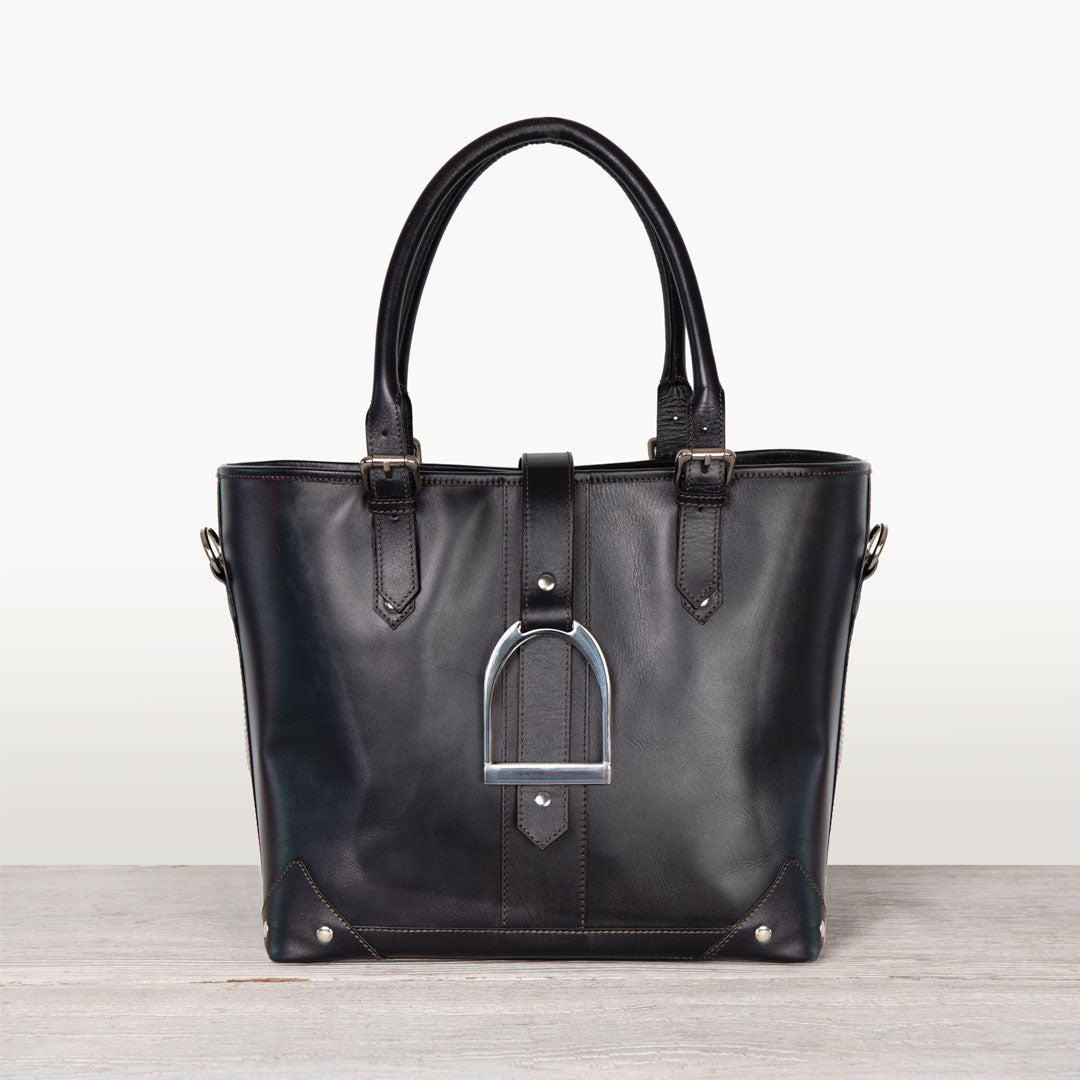 Urban Equestrian  Signature - Riding Stirrup Tote Luxury Leather Handbag in Black