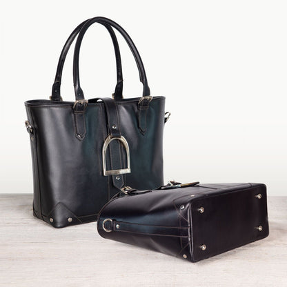 Urban Equestrian  Signature - Riding Stirrup Tote Luxury Leather Handbag in Black