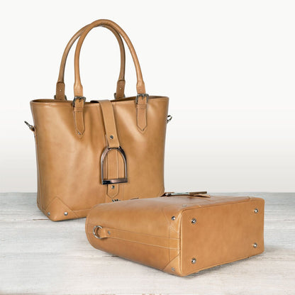 Urban Equestrian  Signature - Riding Stirrup Tote Luxury Leather Handbag in Caramel