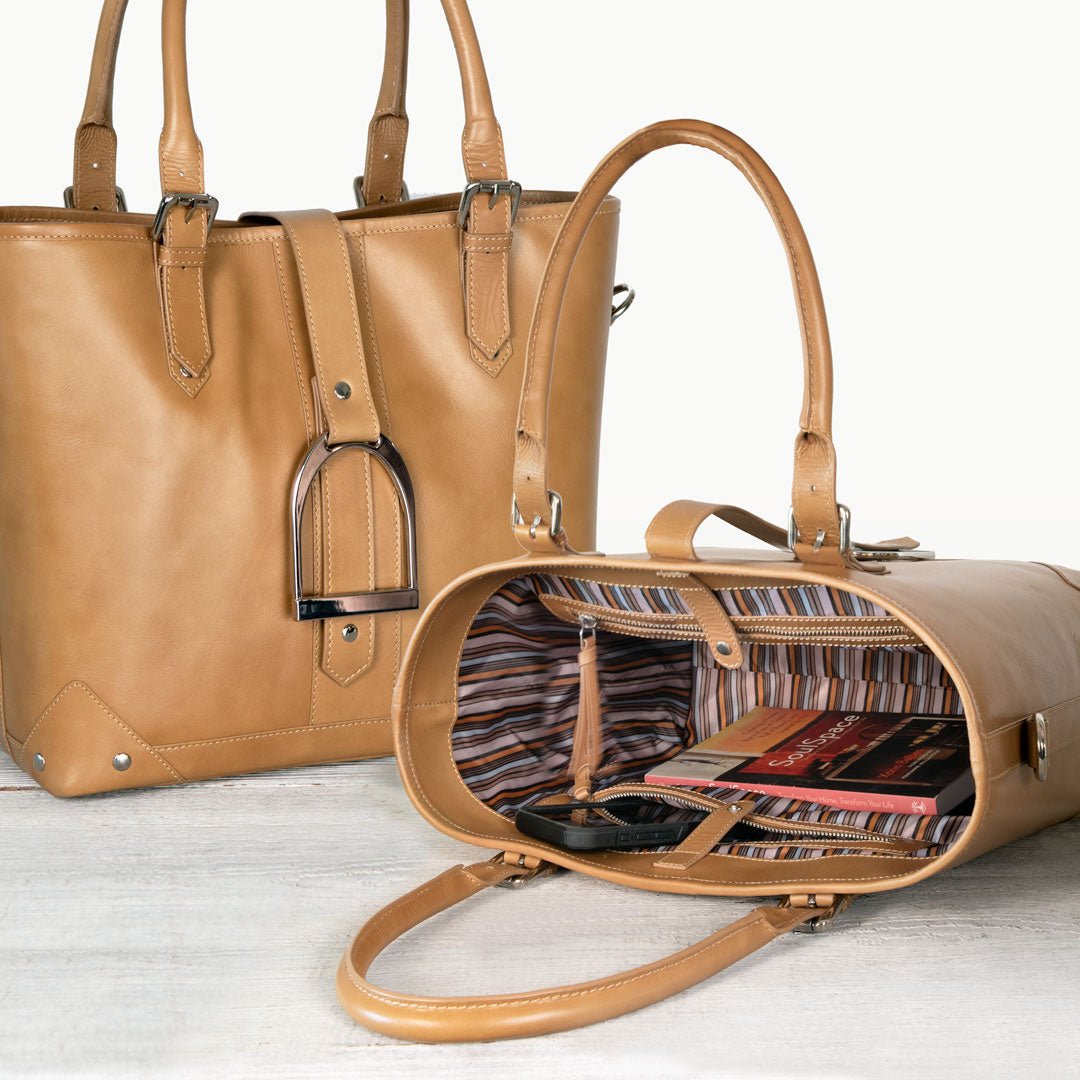 Urban Equestrian  Signature - Riding Stirrup Tote Luxury Leather Handbag in Caramel