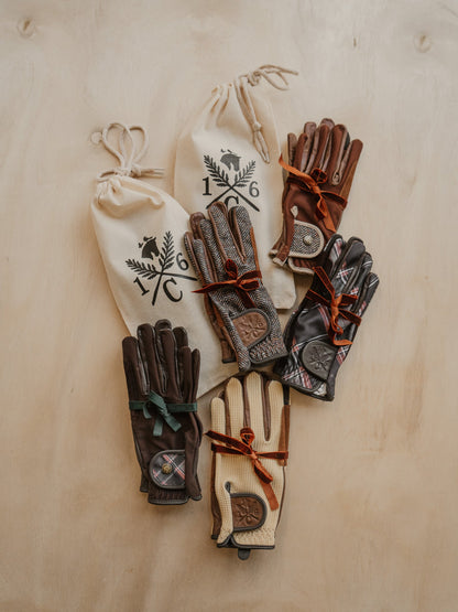 Sixteen Cypress  Riding Gloves, Herringbone & Cognac