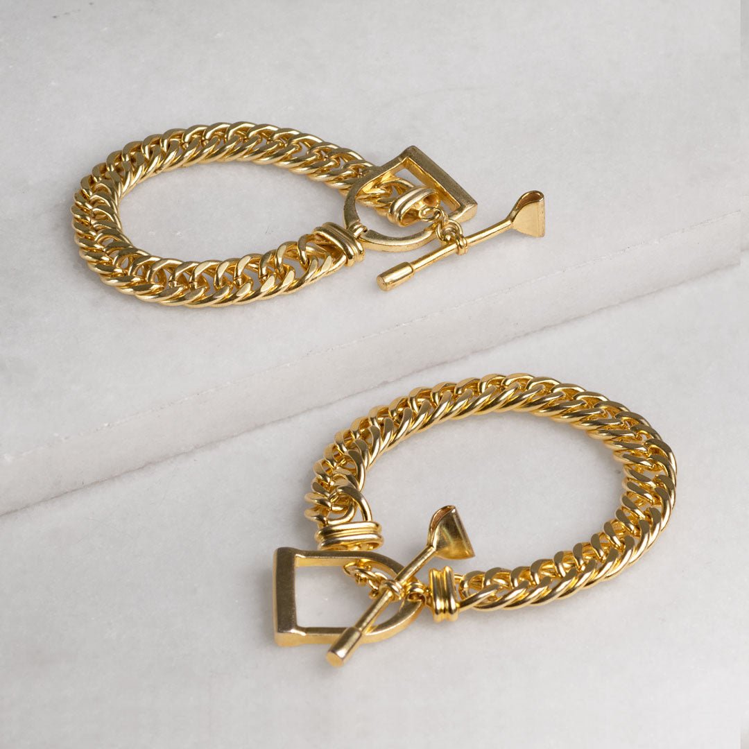 Urban Equestrian  Polo Curb Chain Riding Stirrup T-Bar Bracelet in Gold
