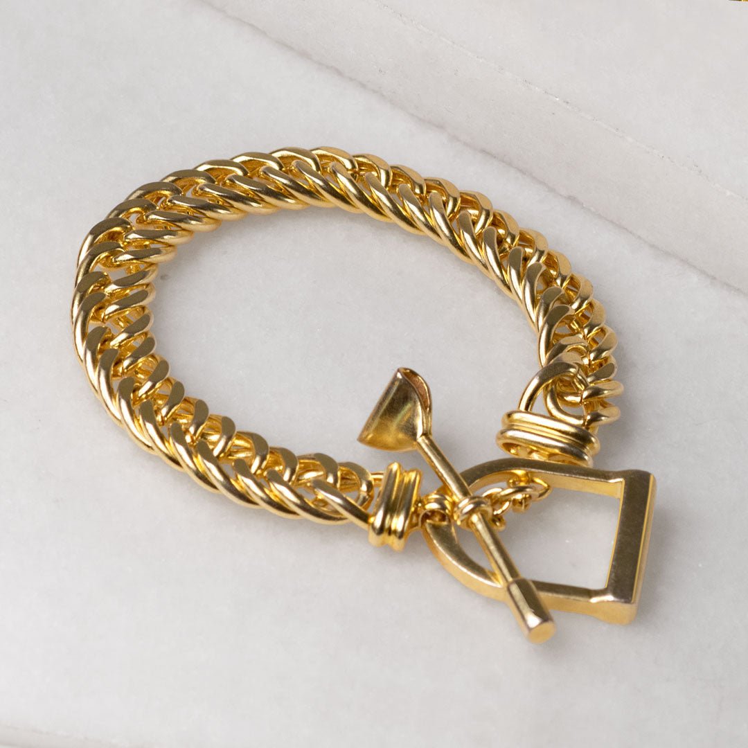 Urban Equestrian  Polo Curb Chain Riding Stirrup T-Bar Bracelet in Gold