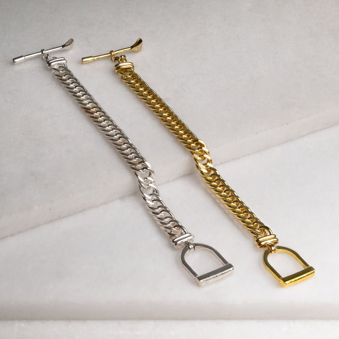 Urban Equestrian  Polo Curb Chain Riding Stirrup T-Bar Bracelet in Silver