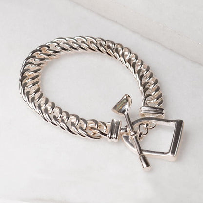 Urban Equestrian  Polo Curb Chain Riding Stirrup T-Bar Bracelet in Silver