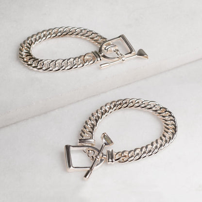 Urban Equestrian  Polo Curb Chain Riding Stirrup T-Bar Bracelet in Silver