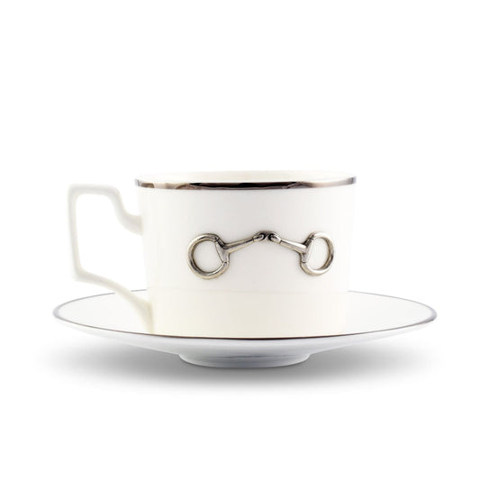 Vagabond House - Pewter Bit Bone China Cup and Saucer Platinum Rim