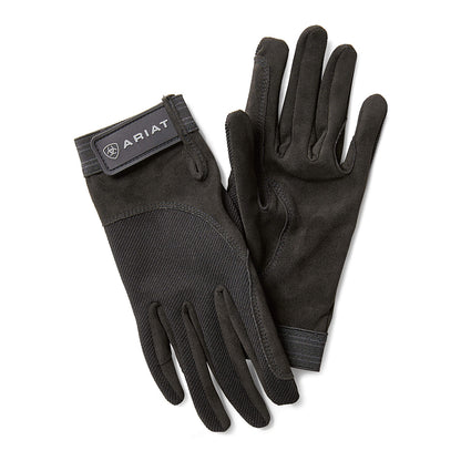 Ariat Tek Grip Gloves Image.  Black gloves with White logo, on velcro closure.