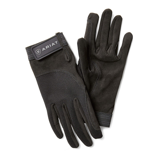 Ariat Tek Grip Gloves Image.  Black gloves with White logo, on velcro closure.